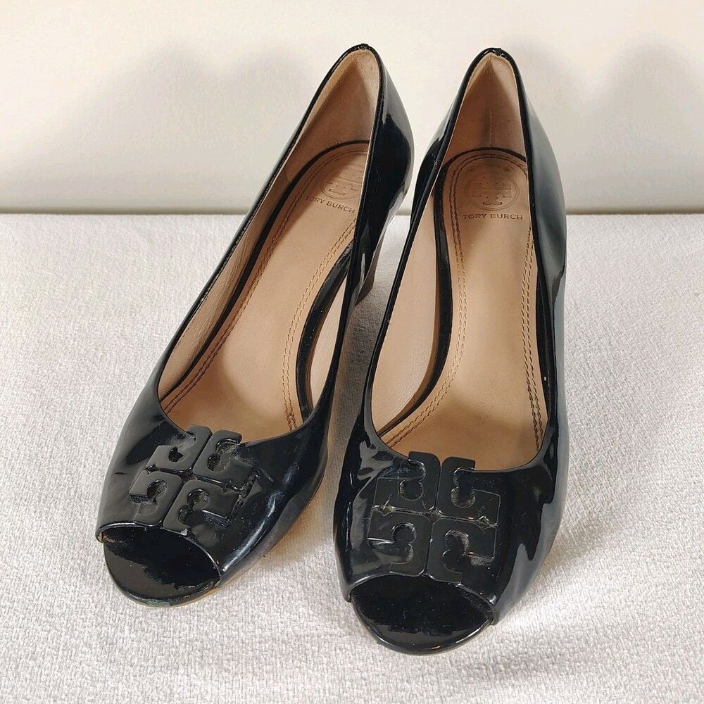 Tory Burch Lowell Black Patent Leather Peep Toe Wedge Heels Size 8.5